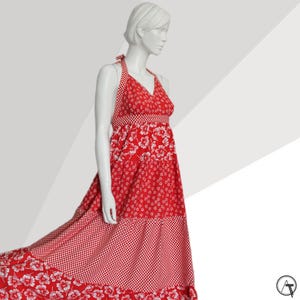 70s Halter Maxi Dress: Vintage Red & White Floral Patchwork