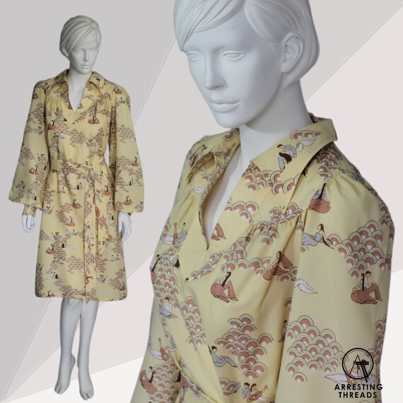 70s People Print Smock Dress, 70s Balloon Sleeves