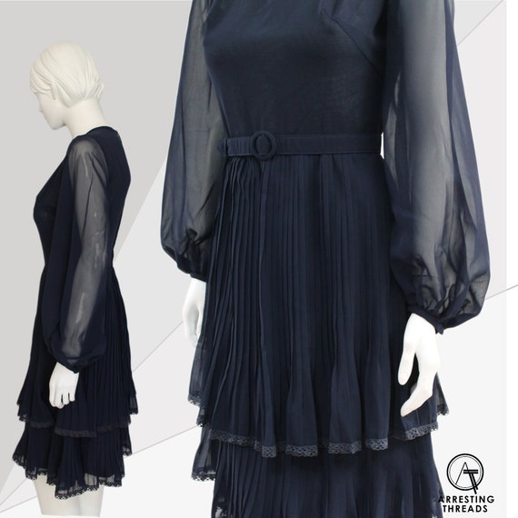60s Dress, Mod Blue Pleated Dress, Balloon Sleeves