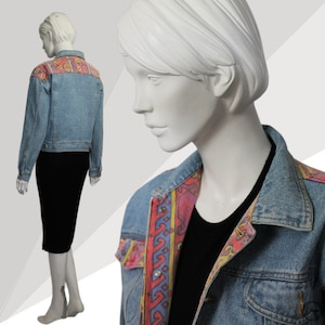 Women 80s Vintage Denim Jacket, Aztec Trim, New Wave 80s, Ikat Pattern, Mid Blue, Coloured Denim Jacket, Retro 1980s Fashion, image 1