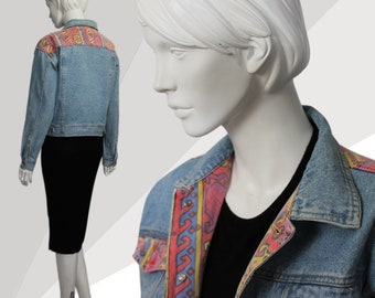 Women 80s Vintage Denim Jacket, Aztec Trim, New Wave 80s, Ikat Pattern, Mid Blue, Coloured Denim Jacket, Retro 1980s Fashion,