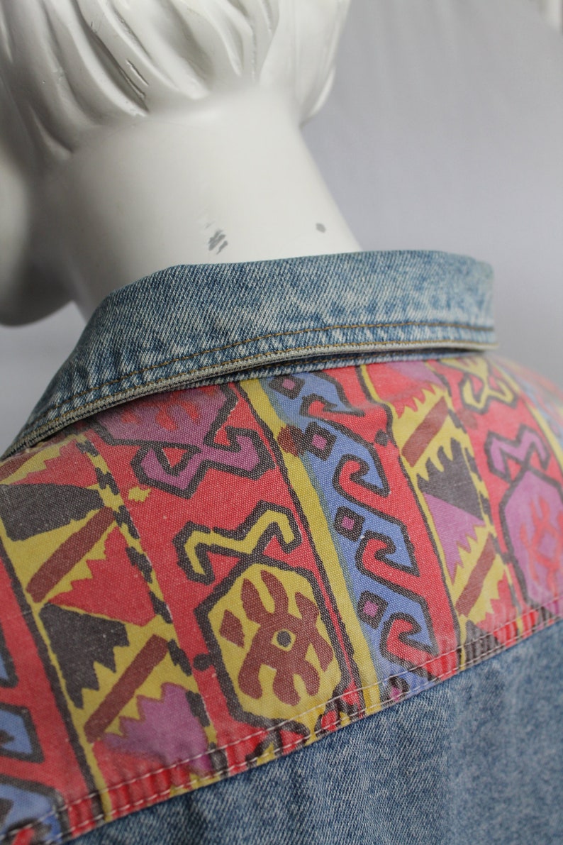 Women 80s Vintage Denim Jacket, Aztec Trim, New Wave 80s, Ikat Pattern, Mid Blue, Coloured Denim Jacket, Retro 1980s Fashion, image 2