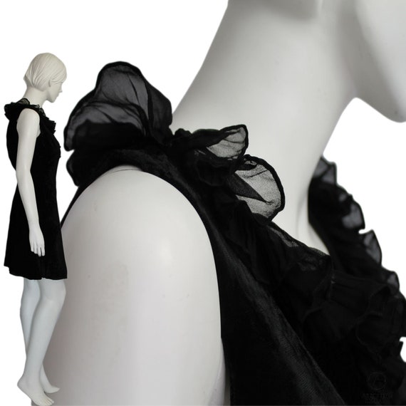 Black 60s SAMBO Dress, Velvet Black Chiffon Frill… - image 1