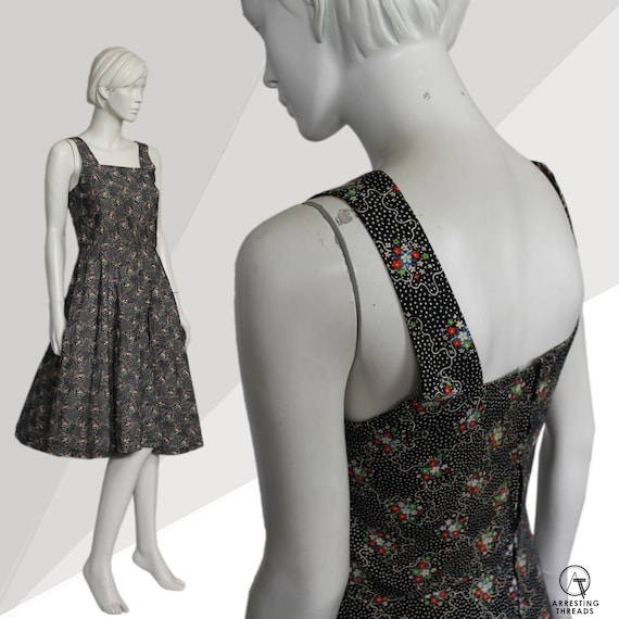 Black Ditsy Floral Polka Dot Vintage Dress, Black… - image 10