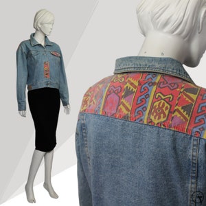 Women 80s Vintage Denim Jacket, Aztec Trim, New Wave 80s, Ikat Pattern, Mid Blue, Coloured Denim Jacket, Retro 1980s Fashion, image 10