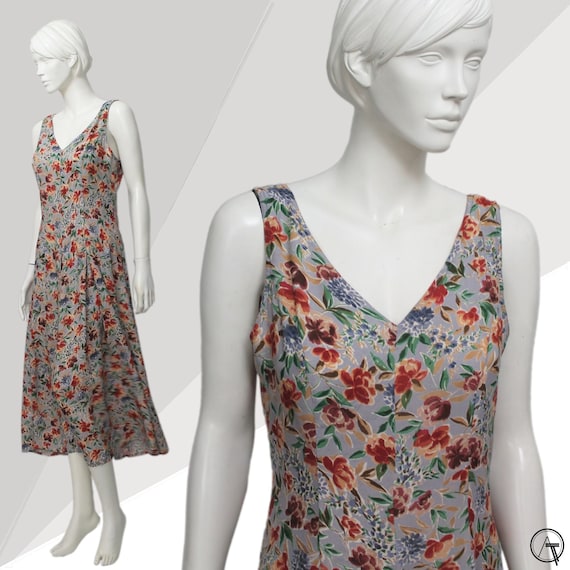 90s Monsoon Floral Dress Vintage 90s Busy Floral Print Sleeveless Midi Dress Orange Green Blue Garden Party Summer Dress Sun Dress Etsy