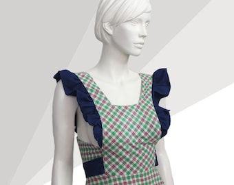 Jaren 70 katoenen schortjurk met gingham-ruit: maxi vintage fladdermouwen