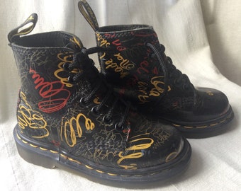 Vintage Dr. Martens Childs Boots UK 11, Black Graffiti Leather Air Wair Soles