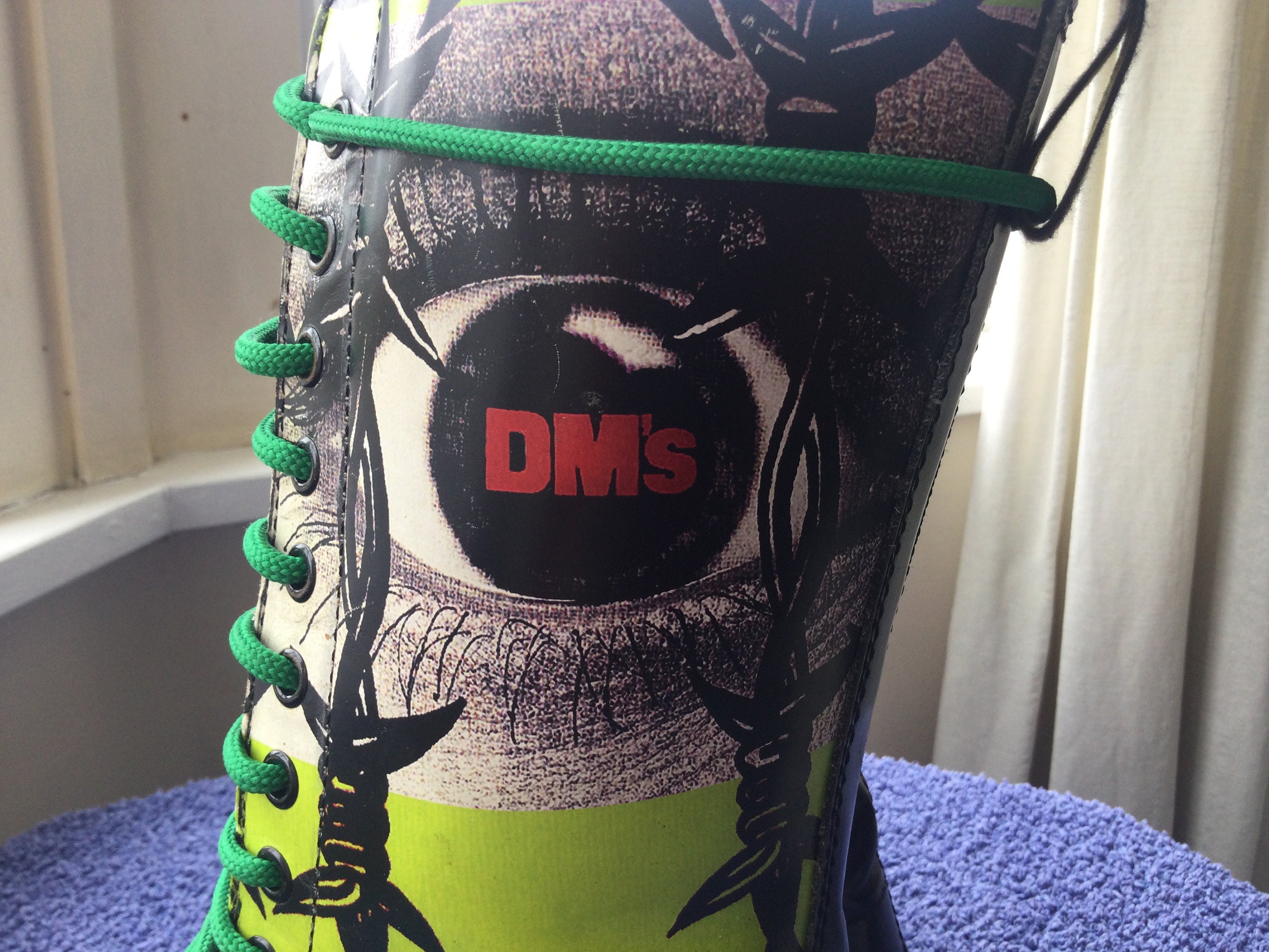 UK 7 Black, Green and Yellow Leather Boots, Manga Style