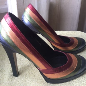 EU 41 Metallic green, gold, blue and red high heels by Shelly’s of London UK 7