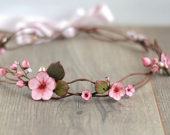 Floral hair wreath Bridal flower crown Sakura wedding crown Cherry blossom hair wreath Sakura bridal crown Woodland hairpiece Flower girl