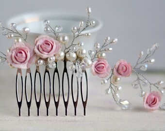 Pearl floral bridal hair piece Bridal lace comb Handmade wedding hair jewelry Pink flowers bridal hair accessory Wedding pearl hair comb