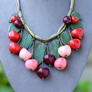 Cherry necklace Red cherries jewelry Boho necklace red Bohemian jewelry Statement fruits Chunky necklace bib Spring fruit jewelry for girls image 6