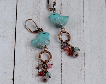 Blue Bird Dangle Earrings, Beaded Woodland Jewelry Gift