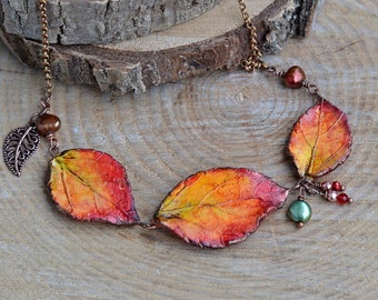 Autumn jewelry Fall leaf necklace Autumn women accessory Statement nature necklace Thanksgiving handmade jewelry gift Fall wedding jewelry