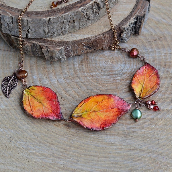 Autumn jewelry Fall leaf necklace Autumn women accessory Statement nature necklace Thanksgiving handmade jewelry gift Fall wedding jewelry