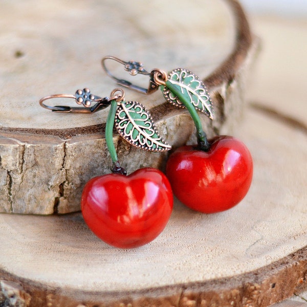 Red cherry earrings Cottagecore jewelry Trendy nature earrings Cherry jewelry women Red drop earrings Boho jewelry Red fruit dangle earrings