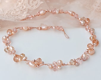 Rose gold hair piece Bridal pearl hair vine Wedding headband Rose gold crystal tiara Flower girl vine Bridesmaids hair Bridal shower tiara