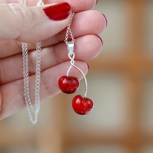 Sterling silver necklace charm Red cherry pendant Silver charm jewelry Cute sweet cherry accessory Girl birthday present Women jewelry gift