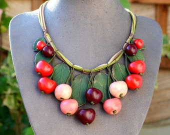 Cherry necklace Red cherries jewelry Boho necklace red Bohemian jewelry Statement fruits Chunky necklace bib Spring fruit jewelry for girls