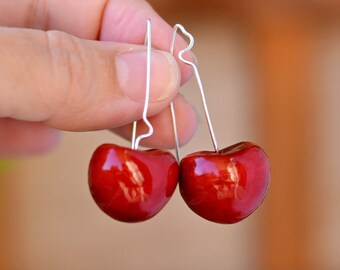 Red cherry earrings with Sterling silver wire Dangle drop Statement fruit earrings Cherry charm jewelry Gift for girlfriend Gift for mother