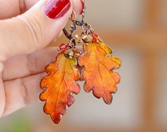 Oak leaves earrings Bohemian autumn jewelry Fall oak earrings Realistic leaf jewelry Autumn tree accessory Autumn forest Oak jewelry gift