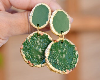 Green big drop earrings Trendy women leaf green jewelry Fashion dangle statement geometric earrings Large round statement studs Gift for her