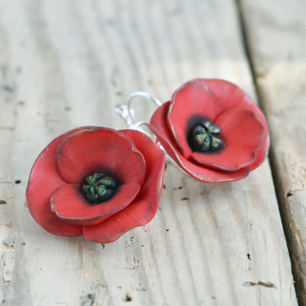 Red poppy earrings Poppy jewelry Dangle red poppy earrings Red flower earring Floral jewelry gift Wedding jewelry Christmas gift for women