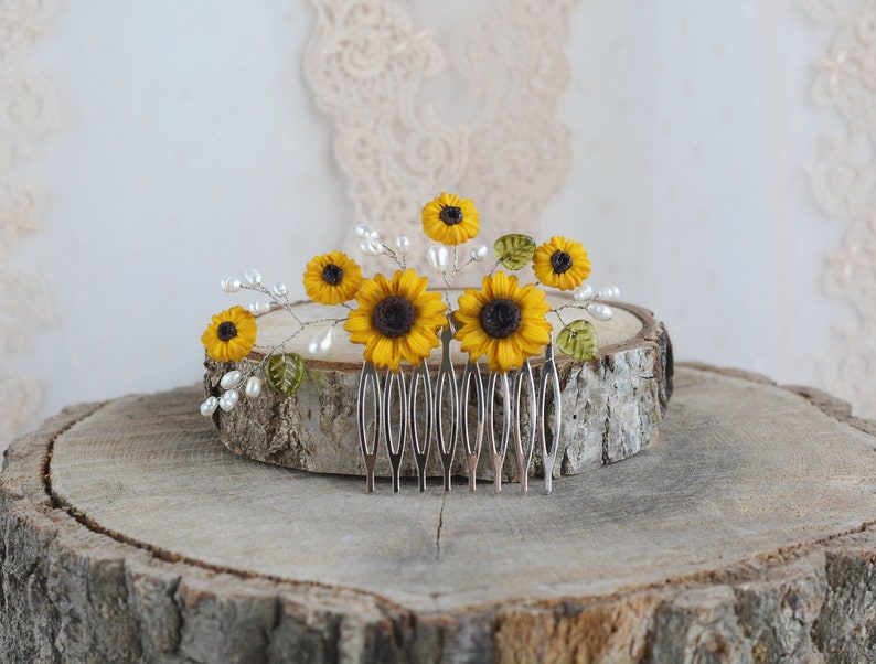 Sunflower hair comb Wedding Bridal Yellow Flowers Pearl Decorative Hair Piece Bridal wedding accessory Hair jewelry floral Bridal headpiece image 7