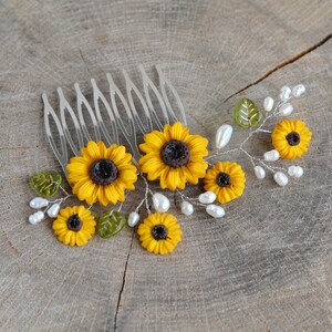 Sunflower hair comb Wedding Bridal Yellow Flowers Pearl Decorative Hair Piece Bridal wedding accessory Hair jewelry floral Bridal headpiece image 3