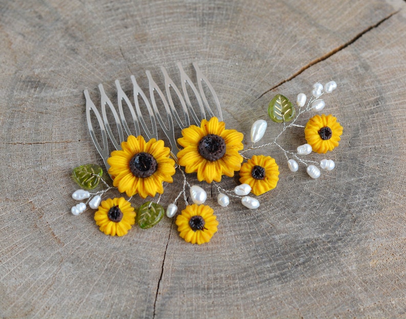 Sunflower hair comb Wedding Bridal Yellow Flowers Pearl Decorative Hair Piece Bridal wedding accessory Hair jewelry floral Bridal headpiece image 3