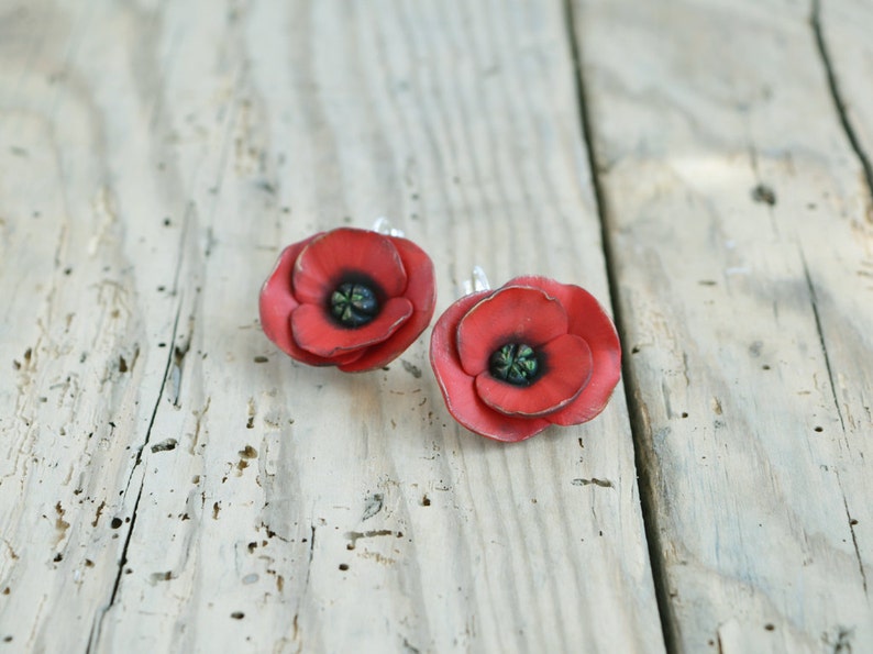 Red poppy earrings Poppy jewelry Dangle red poppy earrings Red flower earring Floral jewelry gift Wedding jewelry Christmas gift for women image 2