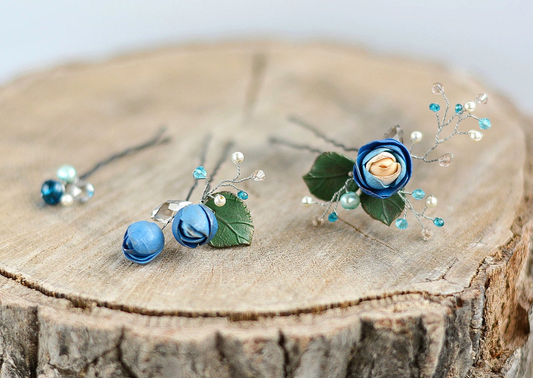3 Pcs Blue Wedding Flower Hair Clips Pins & Earrings