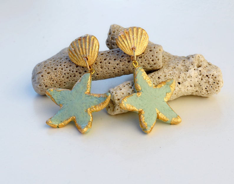 Mint green dangle earrings Starfish jewelry Beach summer Etsy