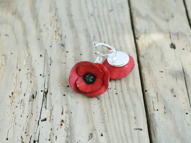 Red poppy earrings Poppy jewelry Dangle red poppy earrings Red flower earring Floral jewelry gift Wedding jewelry Christmas gift for women image 4