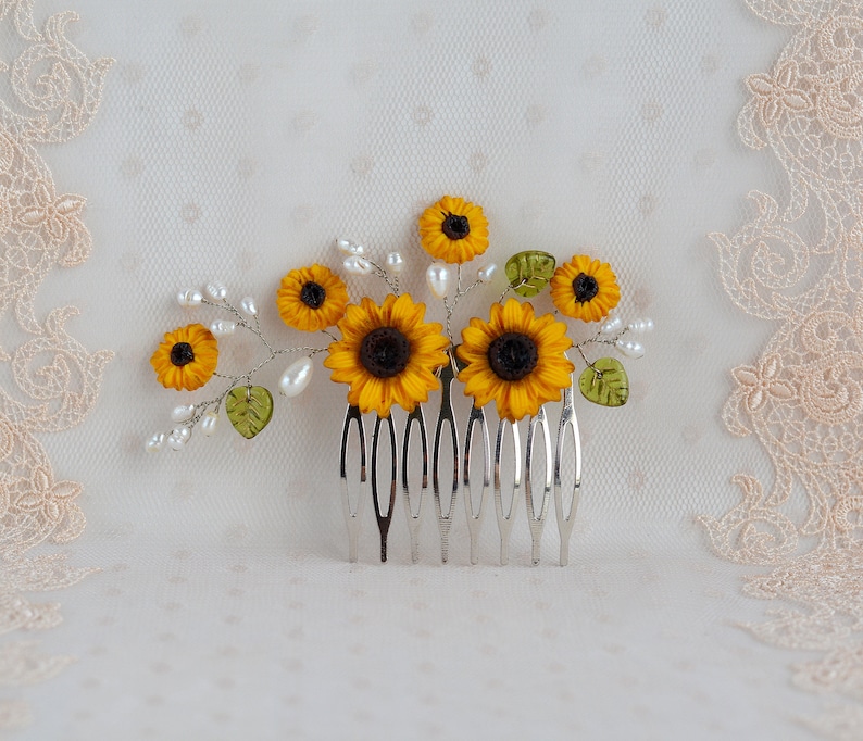 Sunflower Hair Comb Wedding Bridal Yellow Flowers Pearl Etsy
