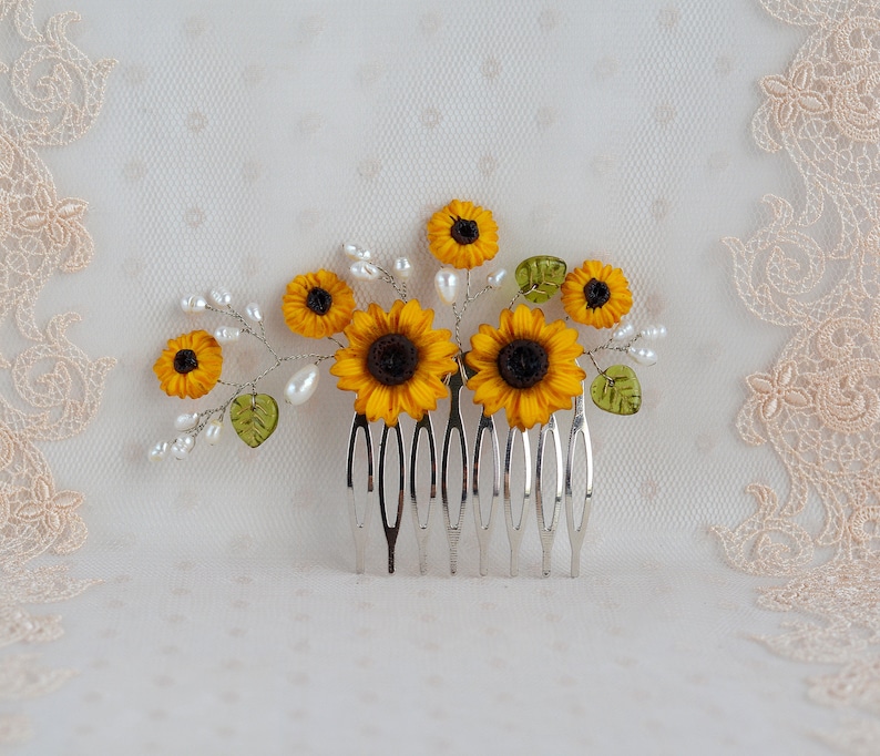 Sunflower hair comb Wedding Bridal Yellow Flowers Pearl Decorative Hair Piece Bridal wedding accessory Hair jewelry floral Bridal headpiece image 8