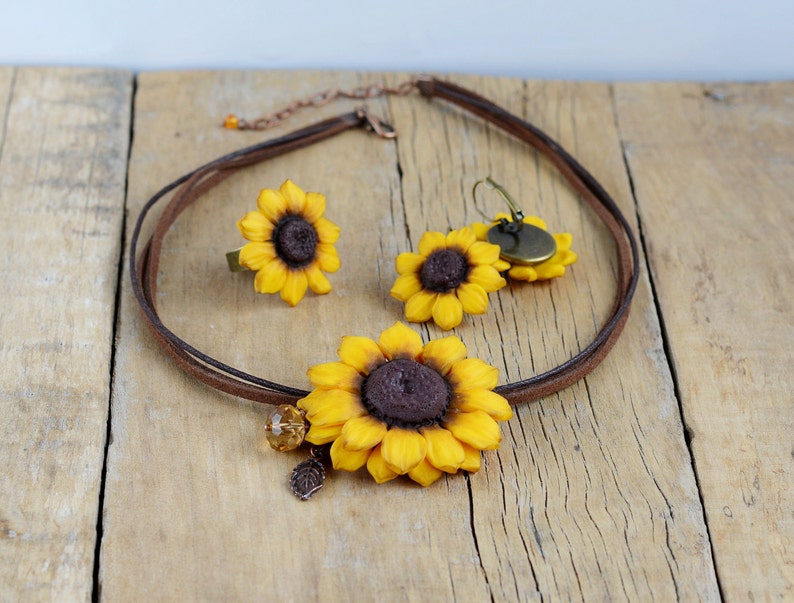 Sunflower jewelry set Sunflower necklace Sunflower earrings Etsy