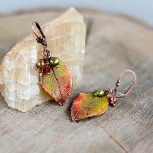 May include: A pair of earrings featuring copper leaf charms with red, green, and brown accents. The leaves are textured and have a realistic look.