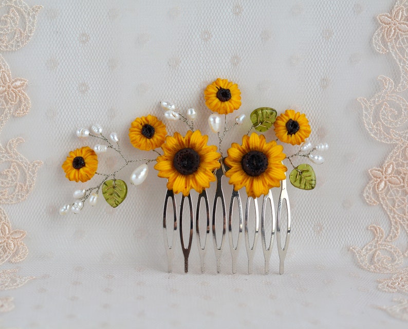 Sunflower hair comb Wedding Bridal Yellow Flowers Pearl Decorative Hair Piece Bridal wedding accessory Hair jewelry floral Bridal headpiece image 1