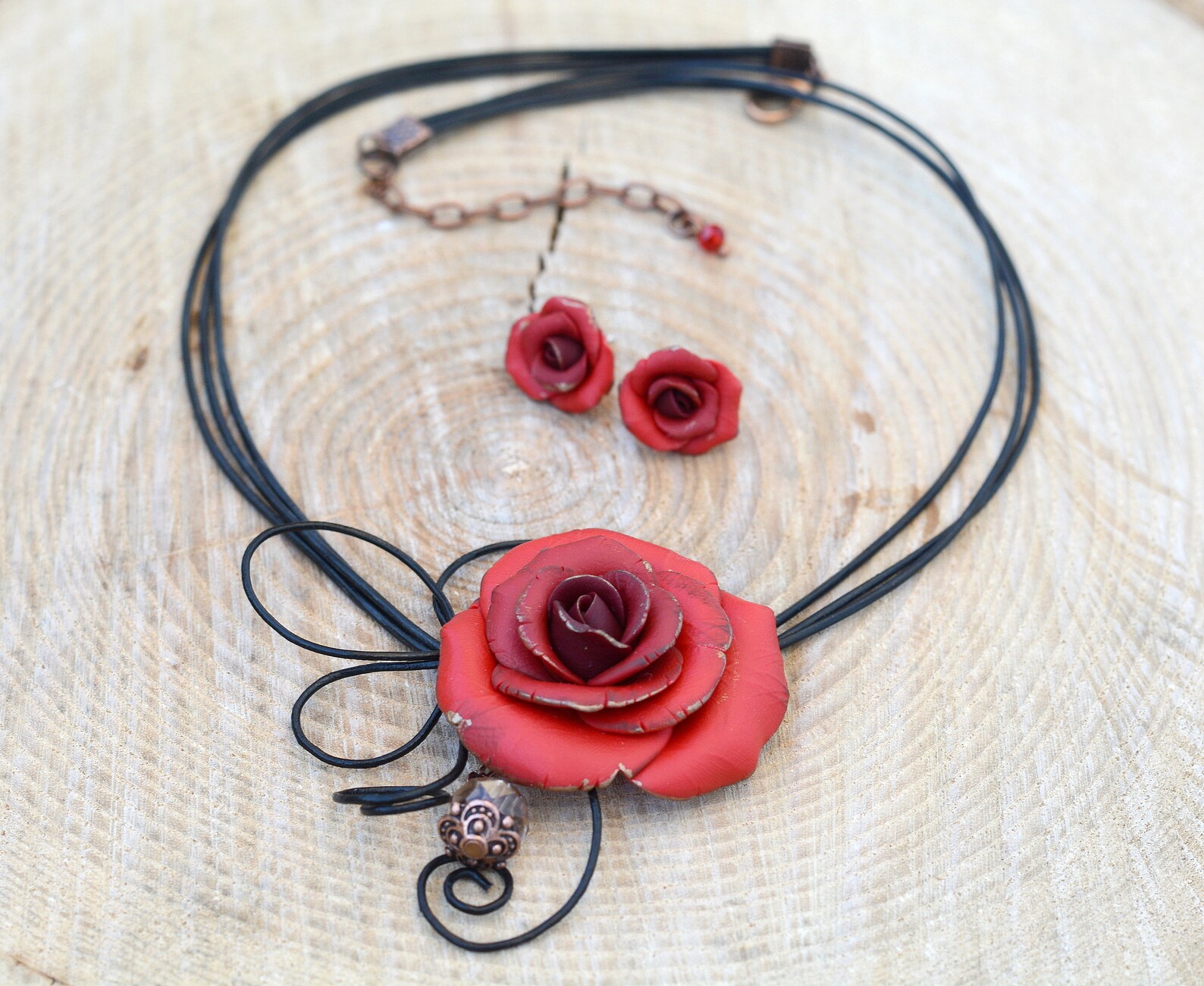 Red Rose Necklace Red Floral Necklace Red Rose Jewelry Set Etsy