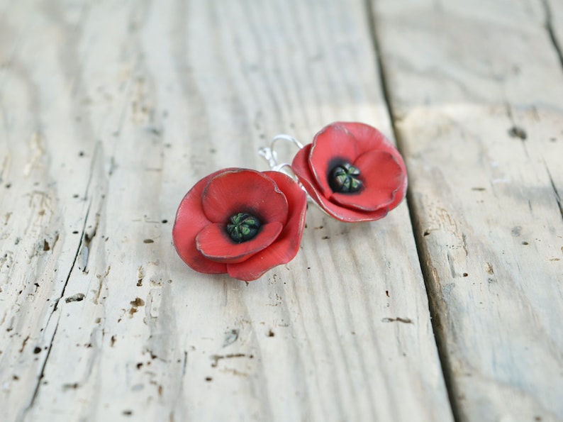 Red poppy earrings Poppy jewelry Dangle red poppy earrings Red flower earring Floral jewelry gift Wedding jewelry Christmas gift for women image 1