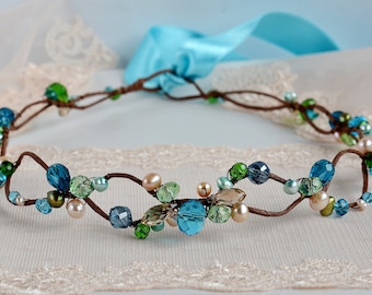 Crystal fairy crown Bridal Wedding boho hair accessory Blue green crystal tiara Woodland Fairy hair wreath Flower girl Crystal hair wreath