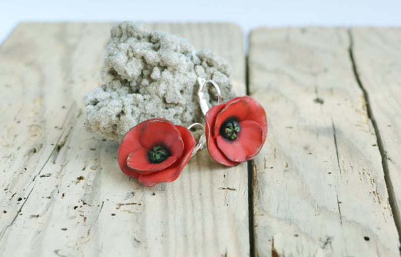 Red poppy earrings Poppy jewelry Dangle red poppy earrings Red flower earring Floral jewelry gift Wedding jewelry Christmas gift for women image 3