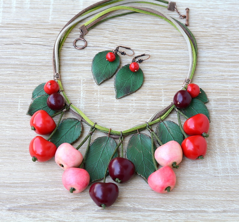 Cherry necklace Red cherries jewelry Boho necklace red Bohemian jewelry Statement fruits Chunky necklace bib Spring fruit jewelry for girls necklace + earrings