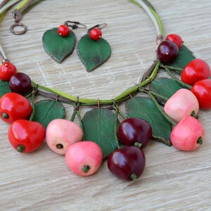 Cherry necklace Red cherries jewelry Boho necklace red Bohemian jewelry Statement fruits Chunky necklace bib Spring fruit jewelry for girls image 5