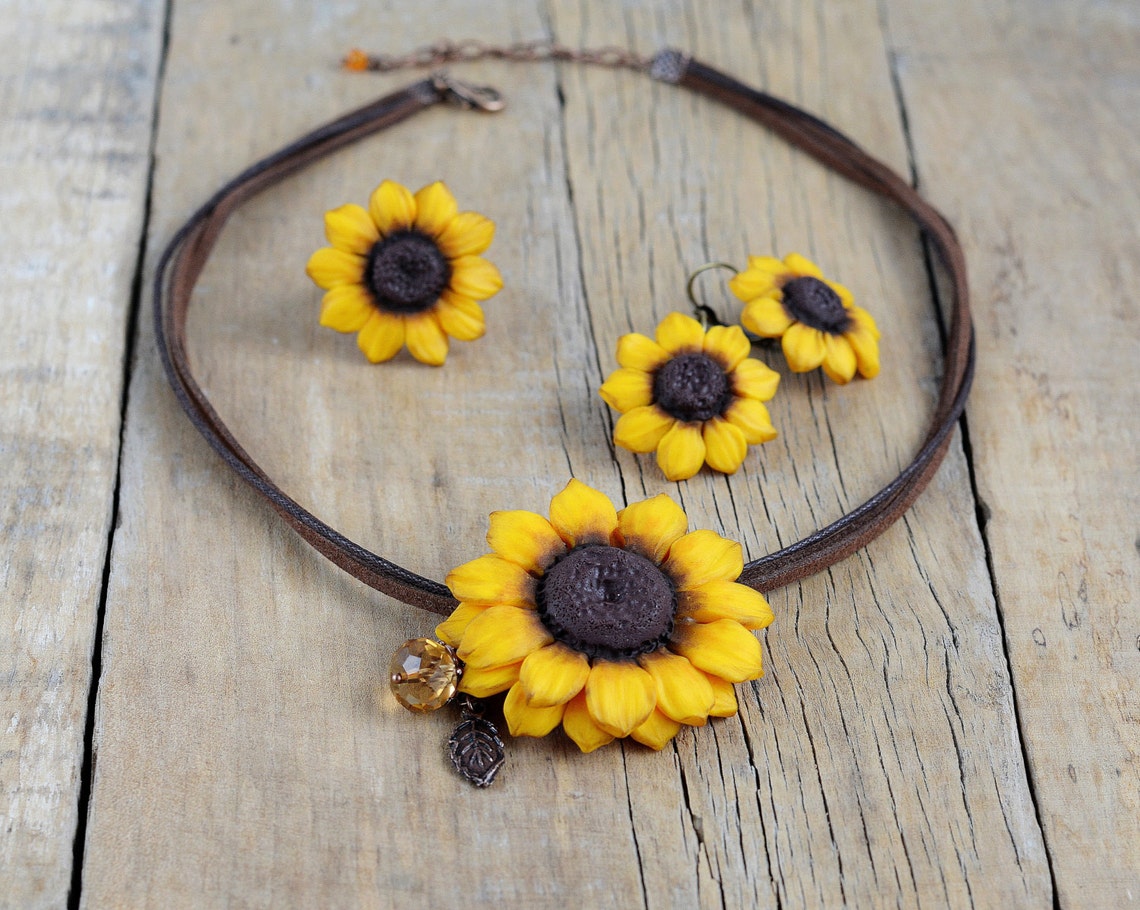 Sunflower jewelry set Sunflower necklace Sunflower earrings Etsy