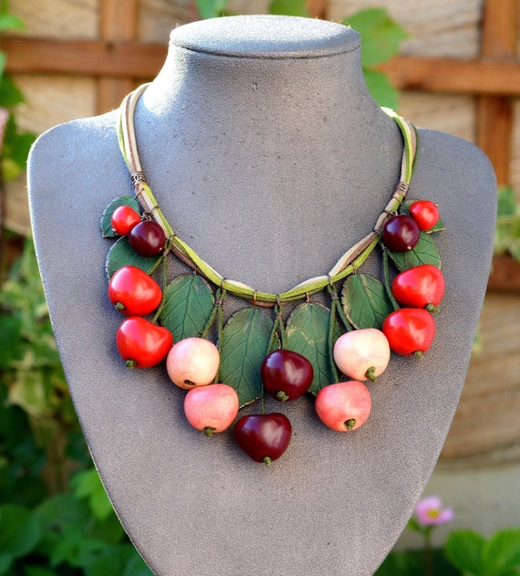 Cherry Necklace Red Cherries Jewelry Boho Necklace Red Bohemian Jewelry Statement Fruits Chunky Necklace Bib Spring Fruit Jewelry for Girls