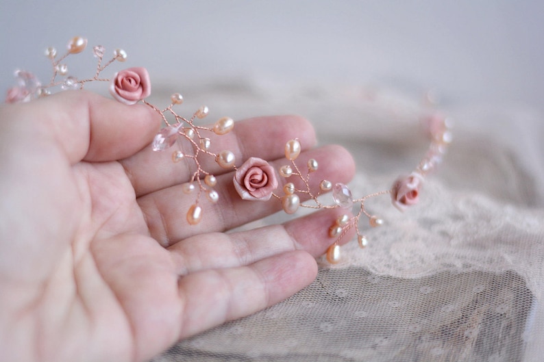 Hair vine bridal Rose gold headpiece Wedding accessory Bridal pearl tiara Crystal hair vine Wedding rose gold Bridal hair piece Pearl crown image 4