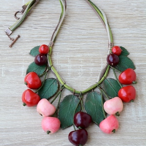 Cherry necklace Red cherries jewelry Boho necklace red Bohemian jewelry Statement fruits Chunky necklace bib Spring fruit jewelry for girls necklace